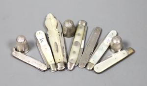 Seven assorted mother of pearl handled silver fruit knives and a penknife and three silver