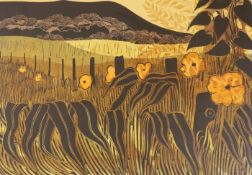 Robert Tavener (1920-2004), lino cut, 'Poppies and Downs', signed in pencil, 11/75, 41 x