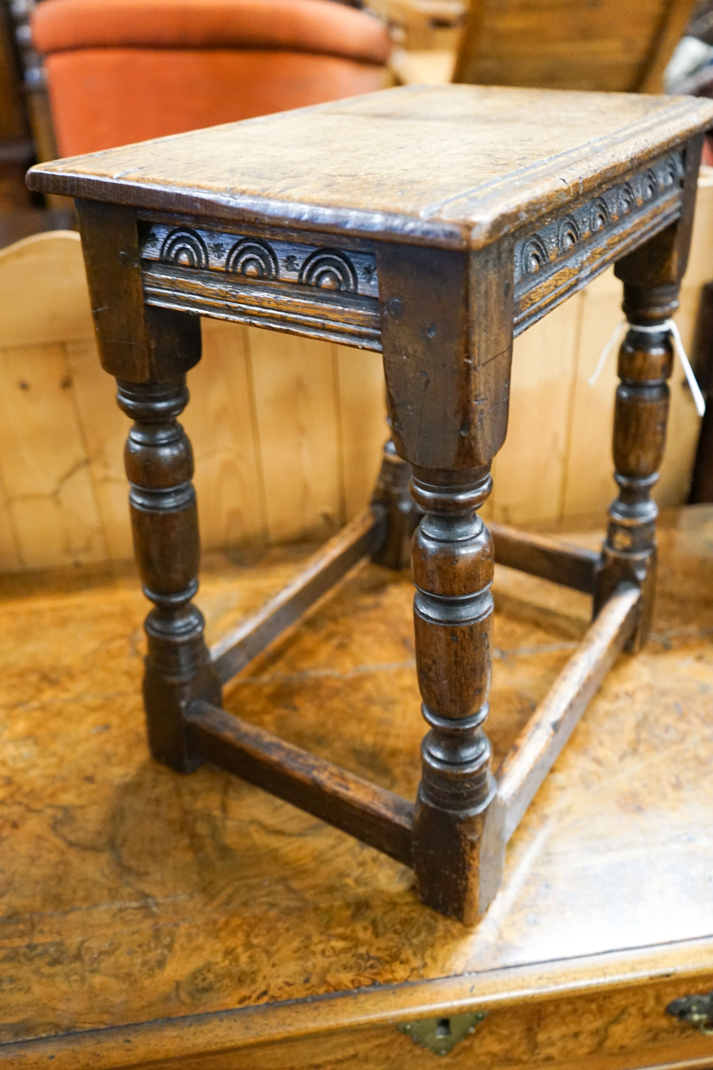 An 17th century style carved oak joint stool on turned supports, length 40cm, depth 25cm, height - Image 3 of 3