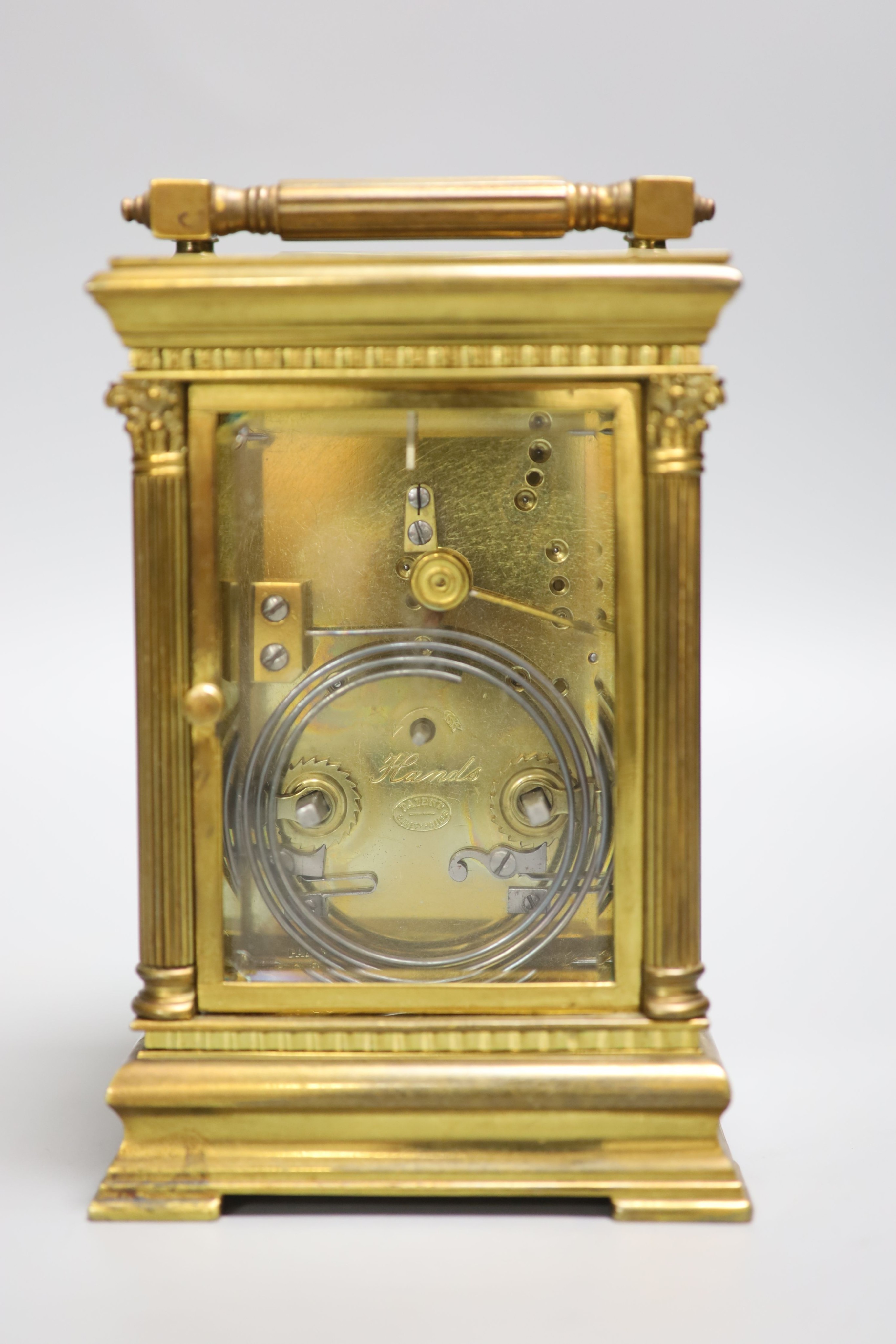 An Edwardian Corinthian brass repeating carriage clock, 20cm high to handle - Image 3 of 4