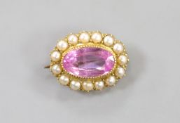 A yellow metal synthetic? pink sapphire and split pearl set oval brooch, 17mm, gross weight 2.4
