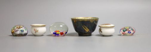A Wedgwood lustre small cup, 4cm high, two Royal Worcester 'bird' pots & covers and three glass