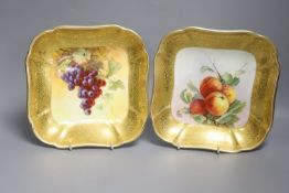 A pair of Minton’s fruit painted dishes of squared form, early 20th century, with tooled gilt