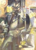 A modern oil on board, Cubist style seated figure, 41 x 30cm