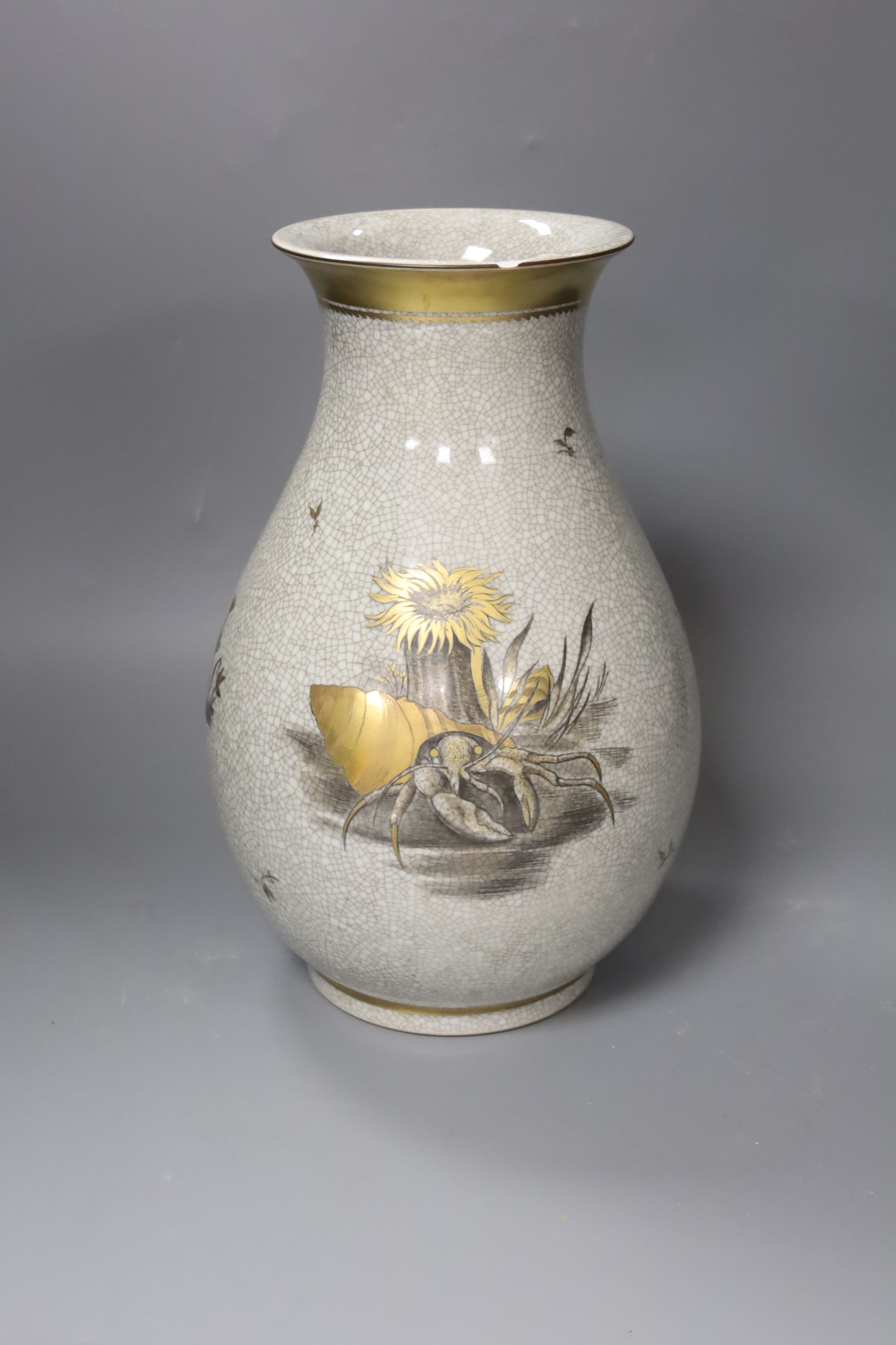 A Royal Copenhagen crackle-glazed oviform vase,having narrow neck and crab and nautilus decoration,H