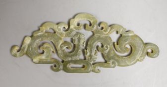 A Chinese celadon jade 'chilong' plaque, 14cm wide