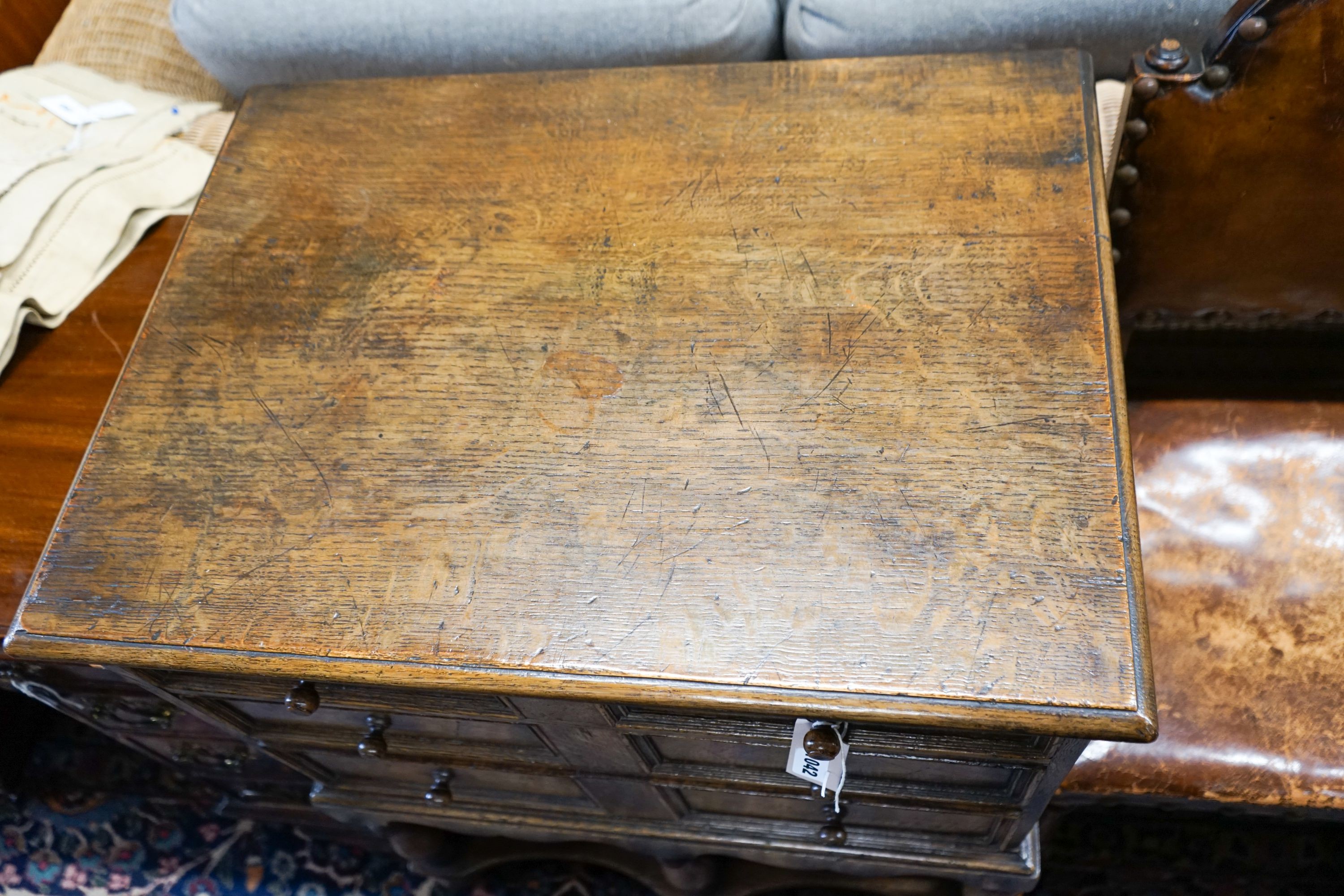 A 17th century style small oak chest on stand,the base fitted three long drawers on turned - Image 2 of 4