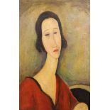 After Modigilani, oil on canvas, Portrait of a lady, inscribed verso, 43 x 29cm, unframed