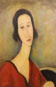 After Modigilani, oil on canvas, Portrait of a lady, inscribed verso, 43 x 29cm, unframed
