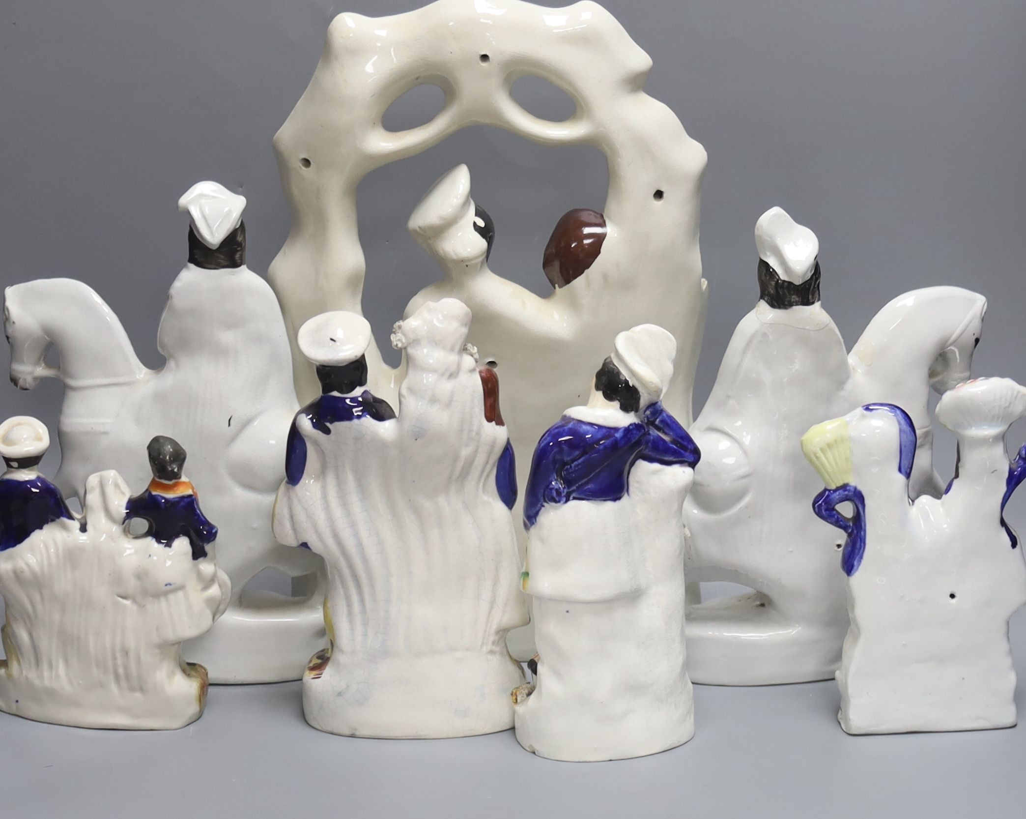 A group of seven Staffordshire pottery flatbacks, tallest 36 cm - Image 2 of 2