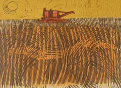 Robert Tavener, (1920-2004), lino cut, 'Harvesting', signed in pencil, 44/50, 43 x 59cm