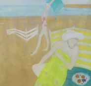 Brenda Lenaghan (1941-2020), watercolour, Girls on the beach 1984, signed and dated, 25 x 25cm