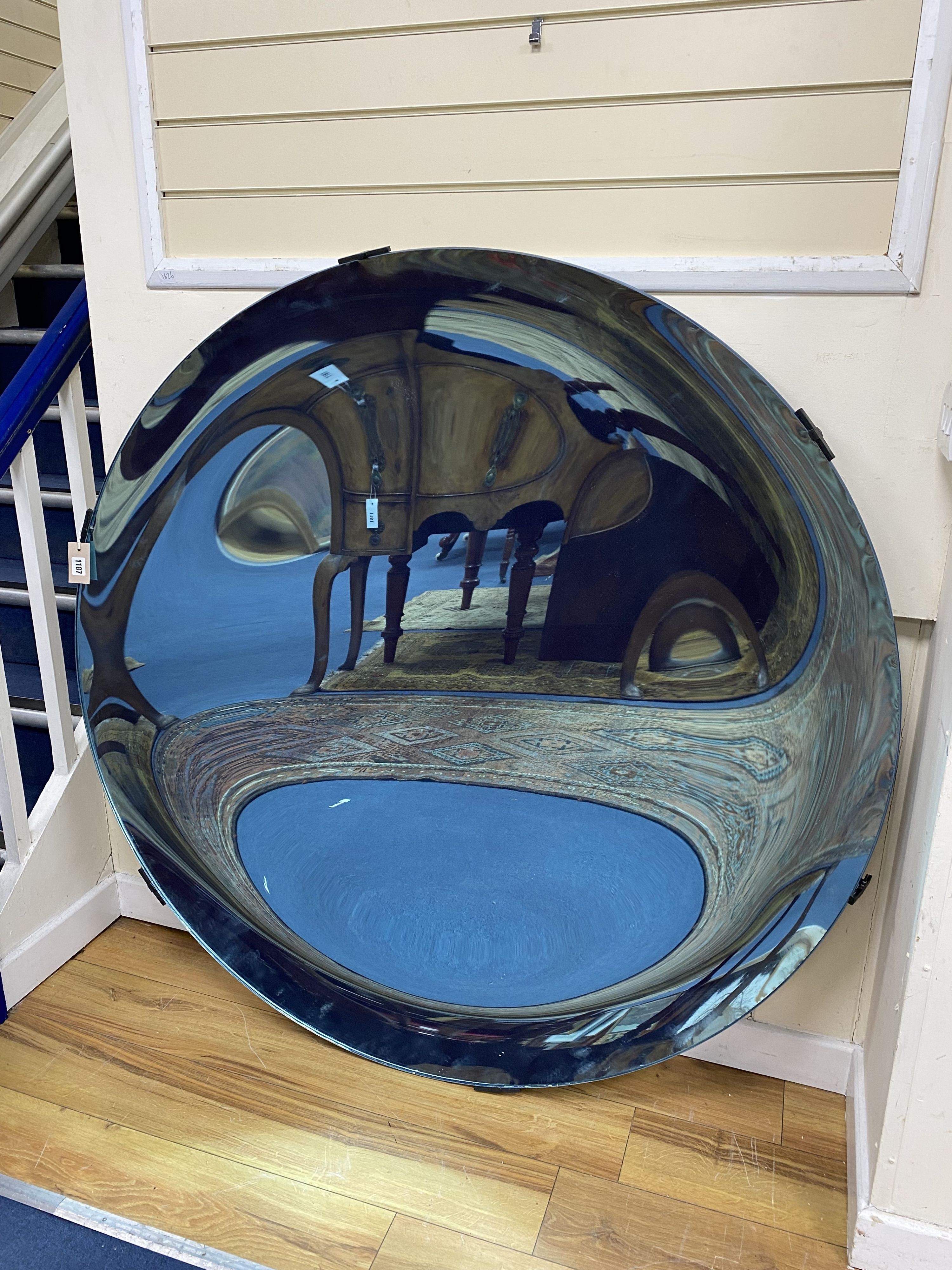 An Anish Kapoor style blue domed / concave mirror, Made by The Glass House, Tunbridge Wells. 135cm