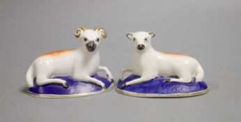 A rare pair of Charles Bourne models of a recumbent ram and a ewe, c.1817-30, iron red ‘4’, 8.