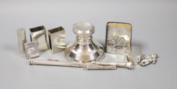 A silver mounted small inkwell, a silver mounted prayer book and other small silver including