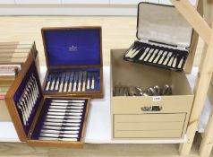 A cased set of 12 Mappin & Webb silver side knives and forks together with other silver plated and