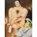 After Botero, oil on board, Seated male nude, bears signature, 44 x 34cm