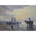 William Hendrik Van Norden (Dutch 1883-1978), oil on canvas, Dutch fisherfolk at low tide,