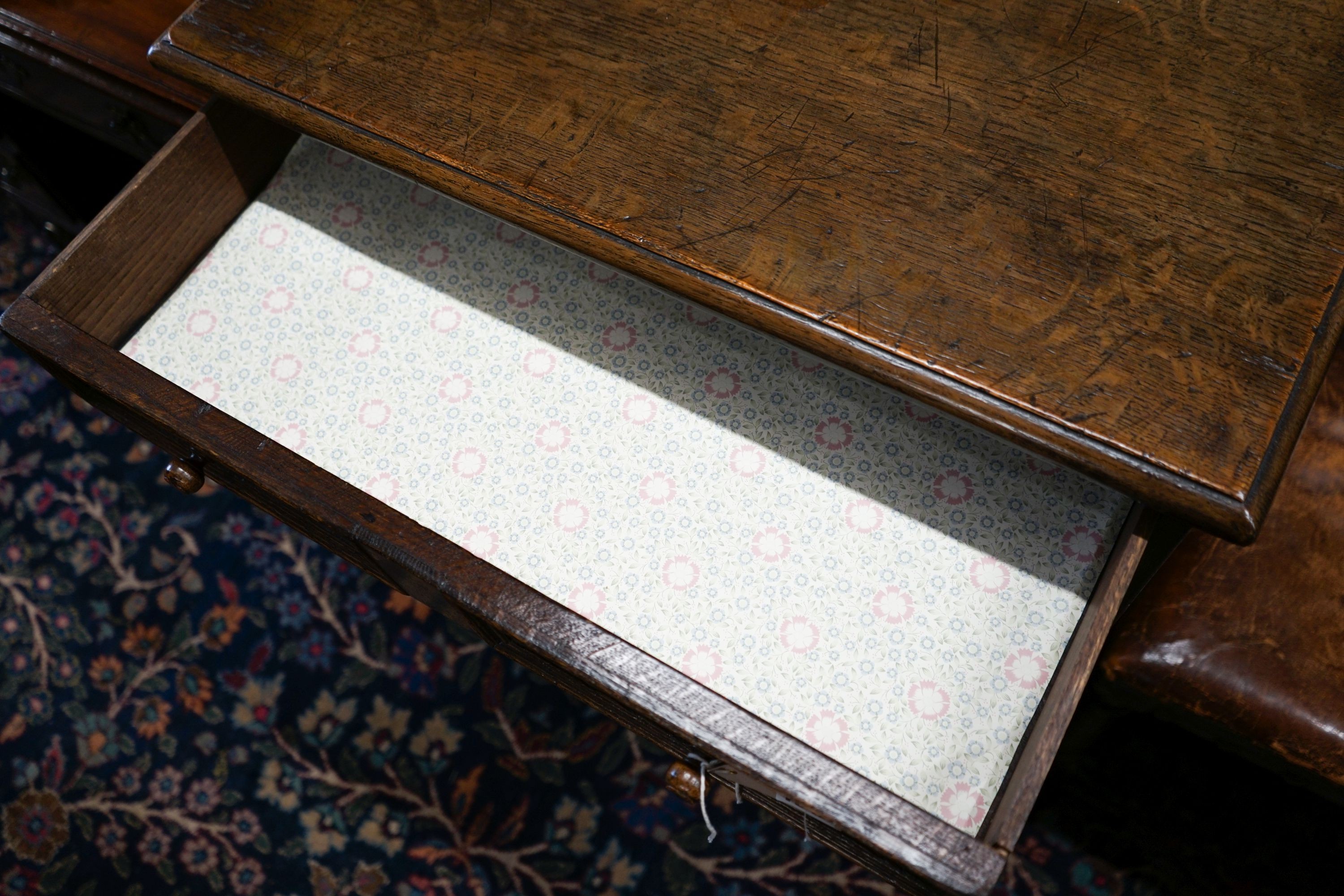 A 17th century style small oak chest on stand,the base fitted three long drawers on turned - Image 3 of 4