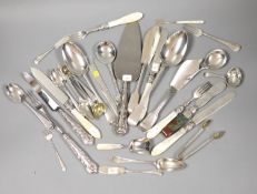 Four Victorian and later silver butter knives including Newcastle and a group of assorted silver