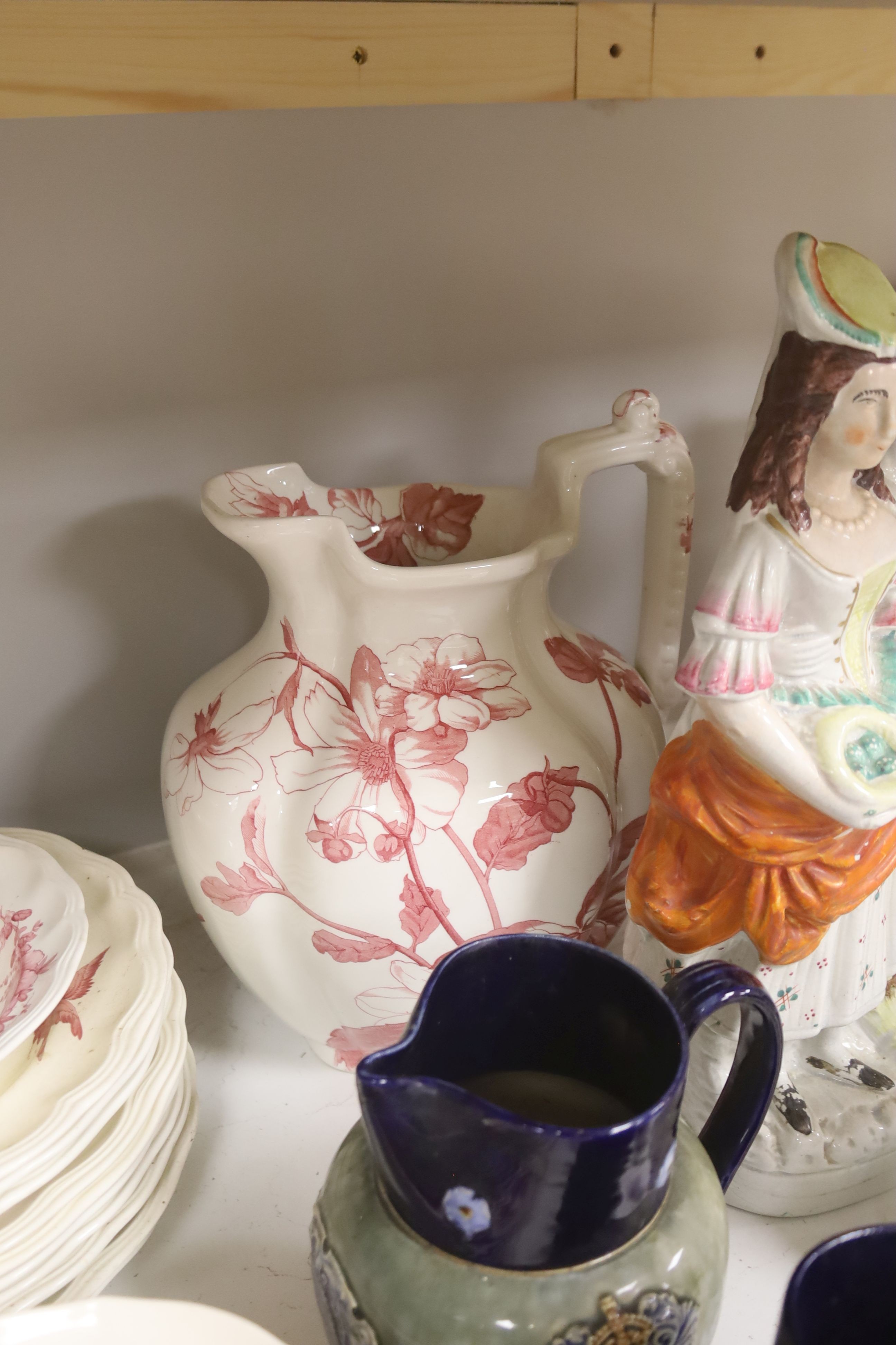 A pair of Doulton commemorative jugs, cat pail, miniature tyg and Staffordshire flatback, 40cm - Image 6 of 6