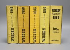 ° Five Wisden Cricketer's Almanacks, 1949, 1950, 1953, 1954 and 1969, soft covers