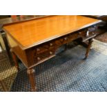 A Victorian mahogany dressing-cum-writing table,fitted five frieze drawers on turned and fluted legs