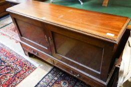 A George III mahogany dwarf cabinet constructed from old timber, width 140cm, depth 39cm, height