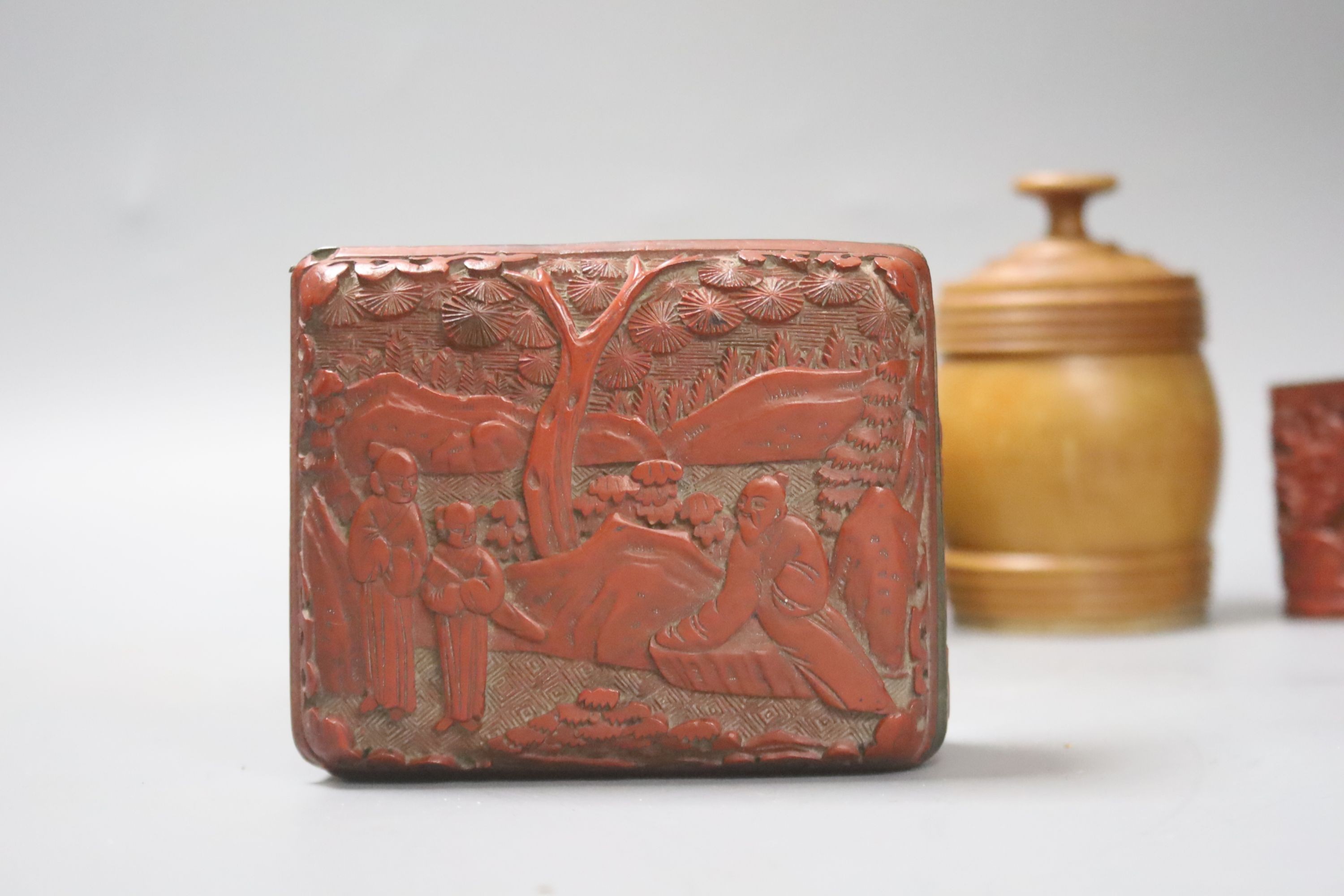 A Chinese cinnabar lacquer cigarette box and cover, 10cm and a similar match holder and a Dutch - Image 2 of 3