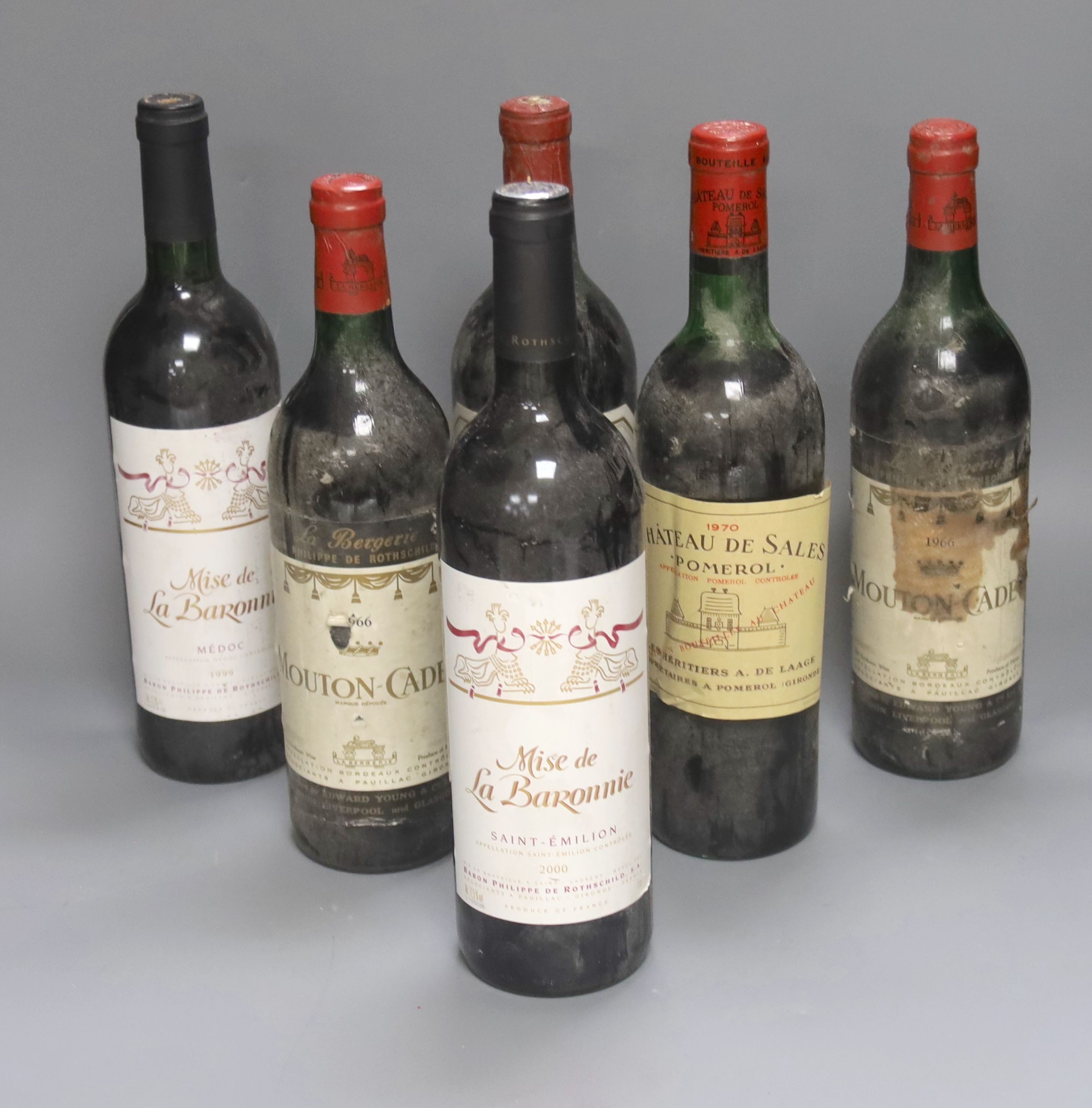 Six Bordeaux wines including Mise de La Baronnie, 1999 & 2000, two Mouton Cadet 1966, one Chateau de