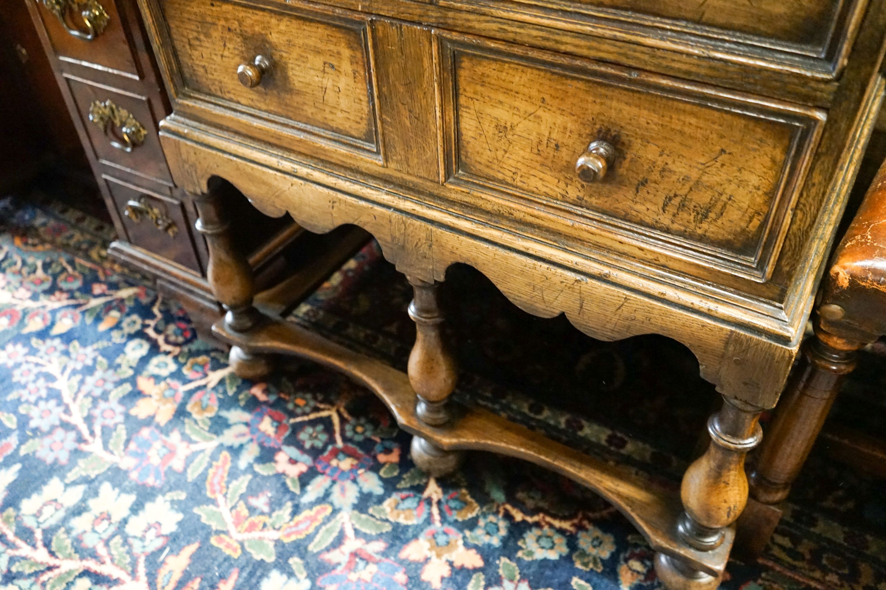 A 17th century style small oak chest on stand,the base fitted three long drawers on turned - Image 4 of 4