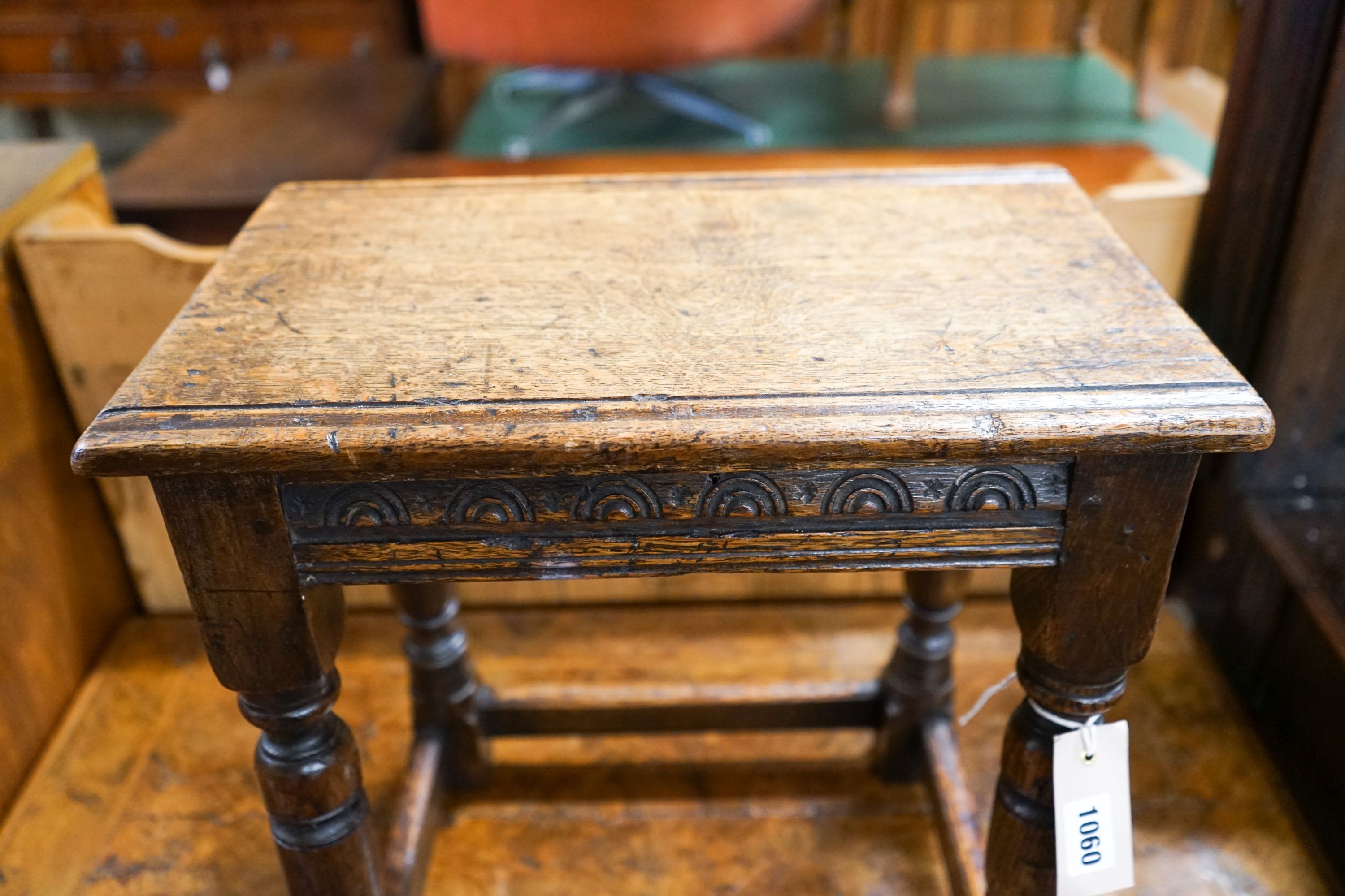 An 17th century style carved oak joint stool on turned supports, length 40cm, depth 25cm, height - Image 2 of 3