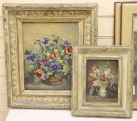 Josephine Aveline (20th century), two oils on board, Still lifes of flowers in vases, signed,