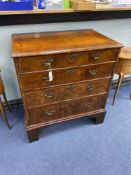 An 18th century and later walnut veneered chest of four graduating drawers raised on bracket feet,