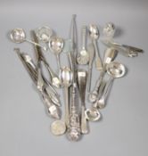 Assorted button hooks and other small silver including spoons, magnifying glass, glove stretchers,