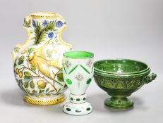 A Cantagalli maiolica vase (a.f.), a Bohemian vase and a green pottery bowl27cm