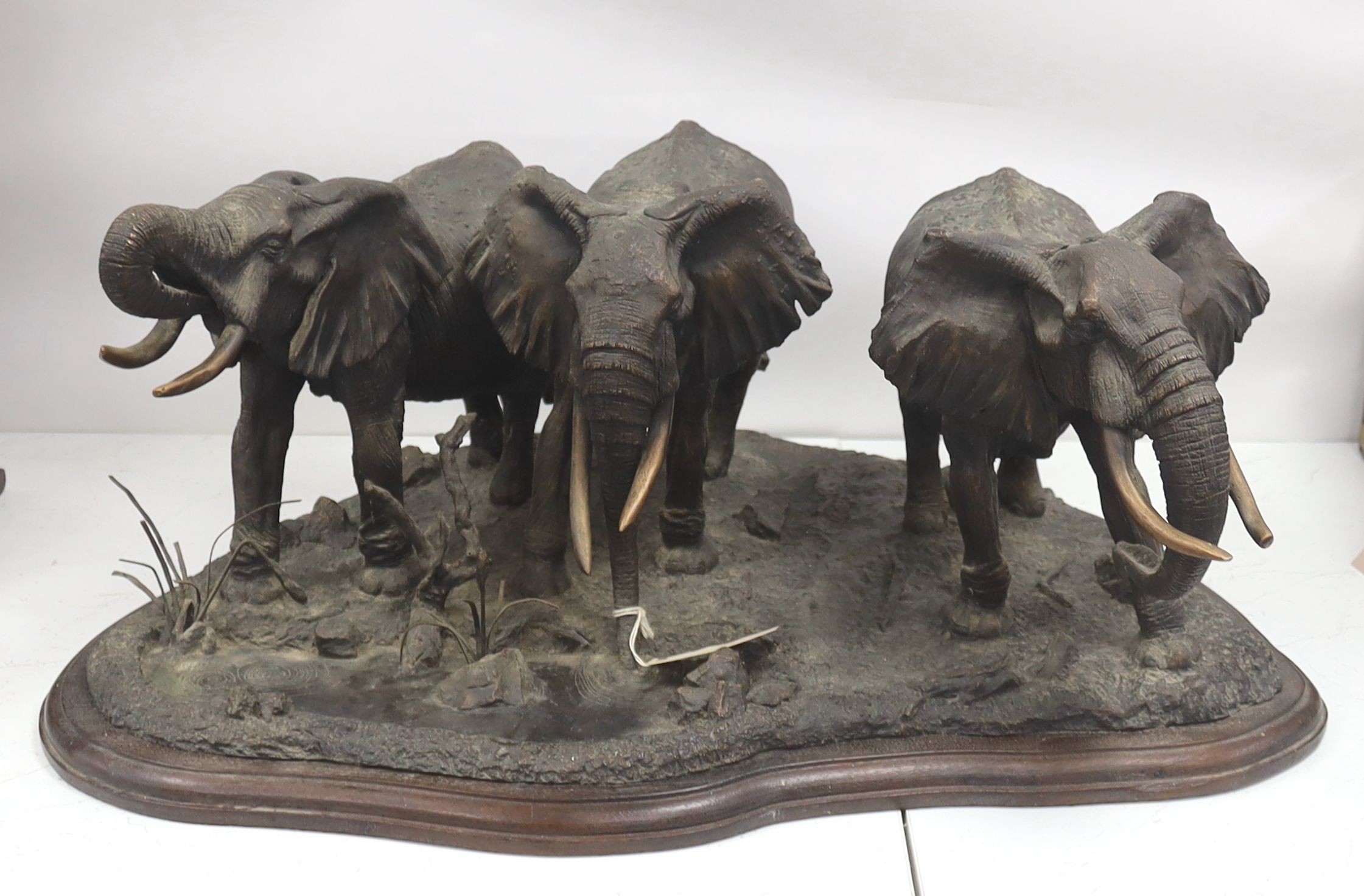 Tim Nicklin, bronzed resin group, Three elephants watering, 1989, 6/10, 71cm70cm