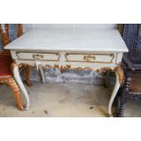 A late 19th century Italian painted and gilded two drawer side table, length 93cm, depth 53cm,