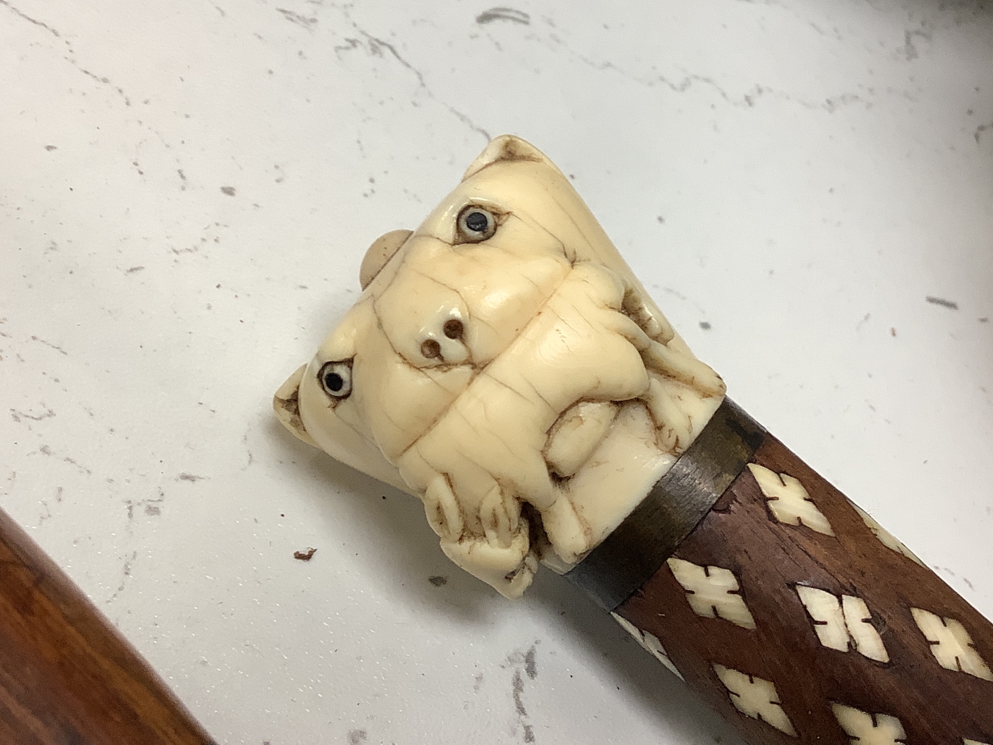 Three various walking canesIncluding two carved Ivory topped walking canes, one the cane in laid - Image 7 of 8