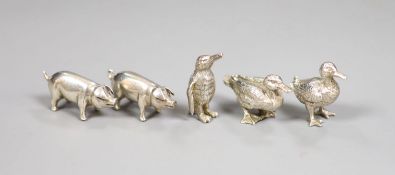 Five modern miniature silver model animals including two pigs by Simon J Beer, London, 1991, two