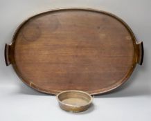 A George III brass bound oval tray and a small Victorian oak oak tray52cm