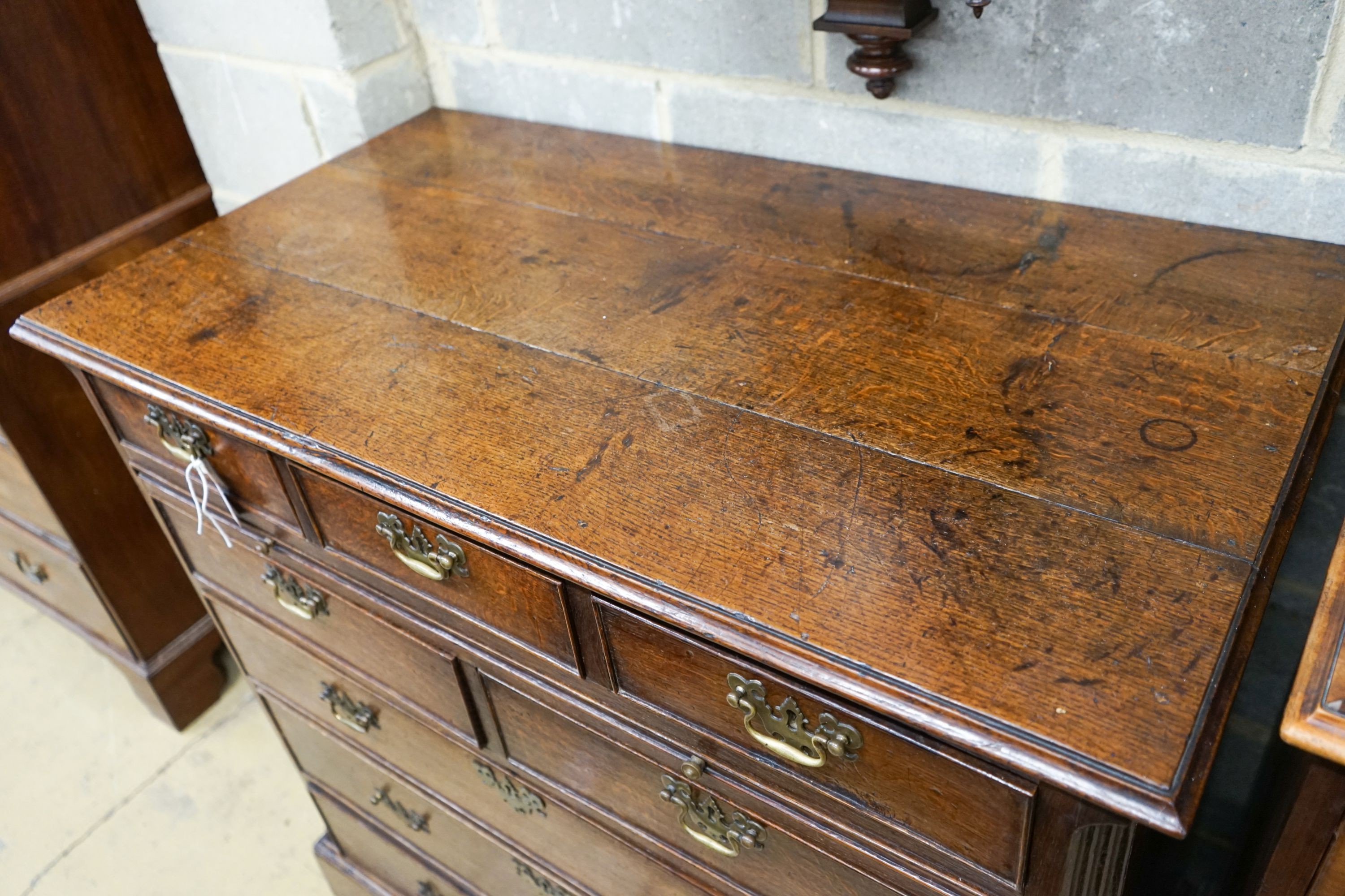 A George III oak chest,fitted five short drawers and three long drawers with brass swan-neck - Image 2 of 4