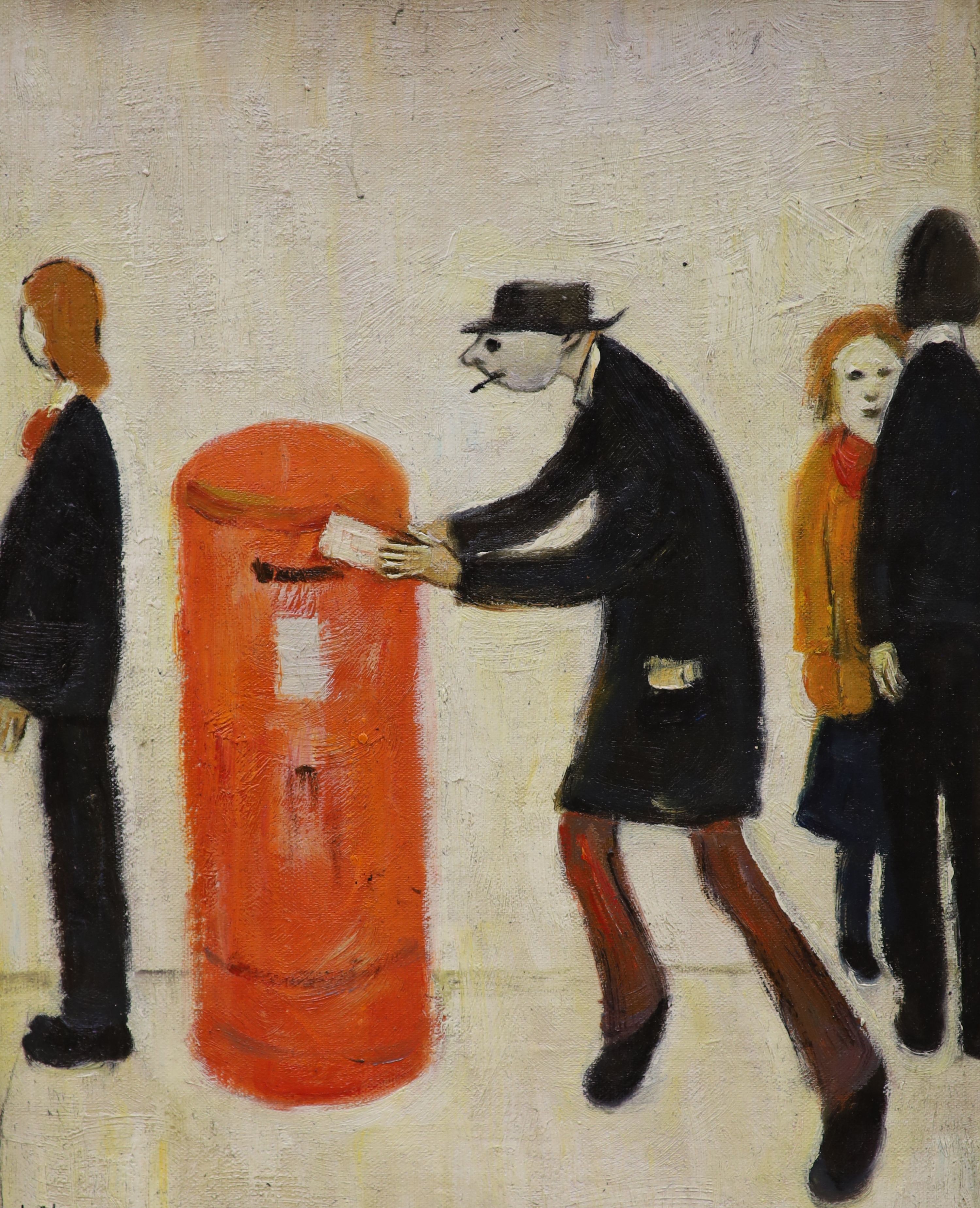 After Lowry, oil on board, Man posting a letter, bears initials, 38 x 29cm