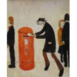 After Lowry, oil on board, Man posting a letter, bears initials, 38 x 29cm
