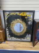 A large contemporary artwork on glass, with abstract pattern and centre mirror in frame, unsigned