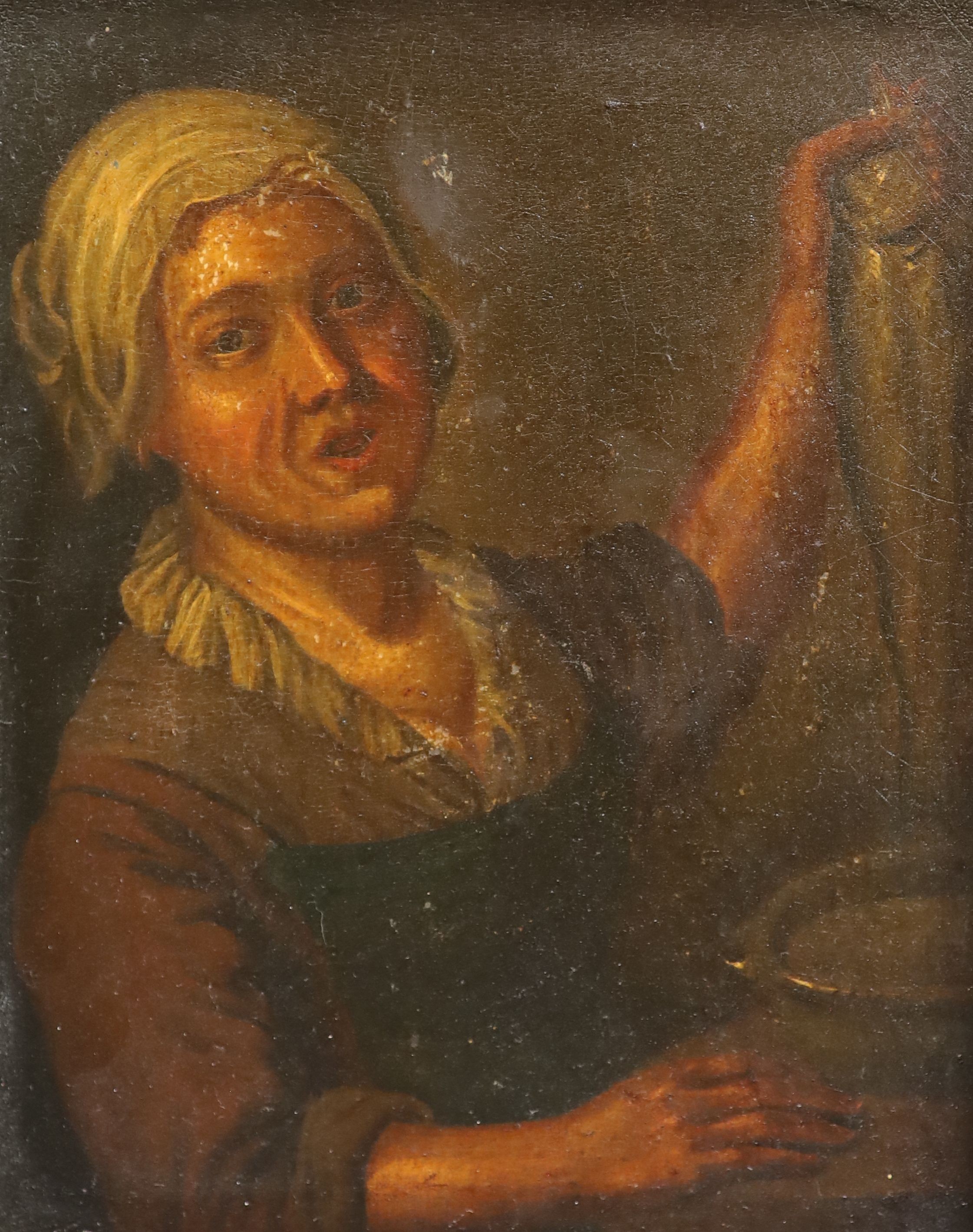 Attributed to Adrian Carpentiers (1760-1778)A woman holding a fishOil on wooden panel23.5 x 19cm