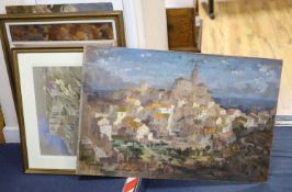 Michael Cadman (1920-2010), oil on board, Spanish hilltop town, signed and dated 1974,