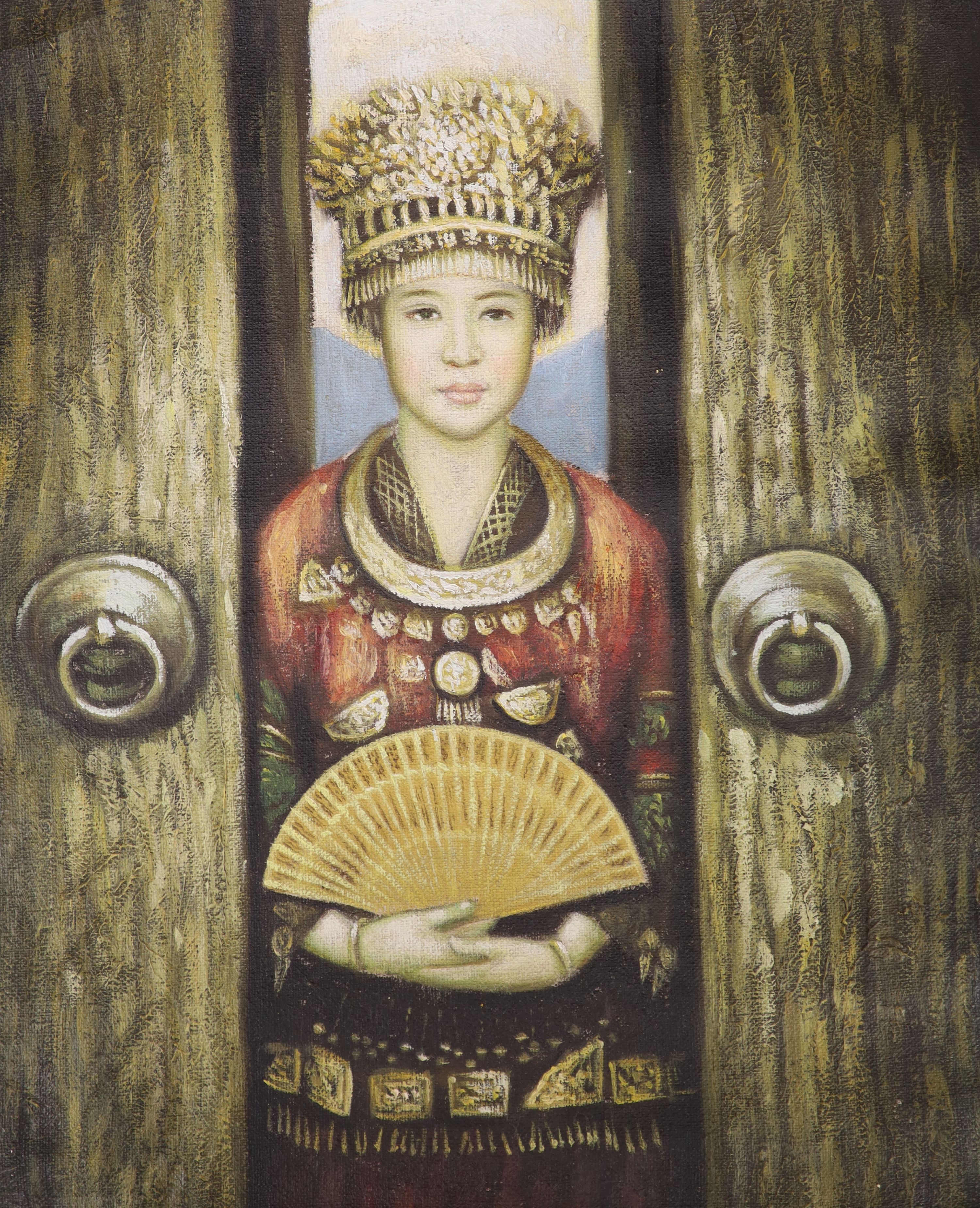 20th century Chinese school, oil on unstretchered canvas, Tibetan woman holding a fan, 32 x 26cm