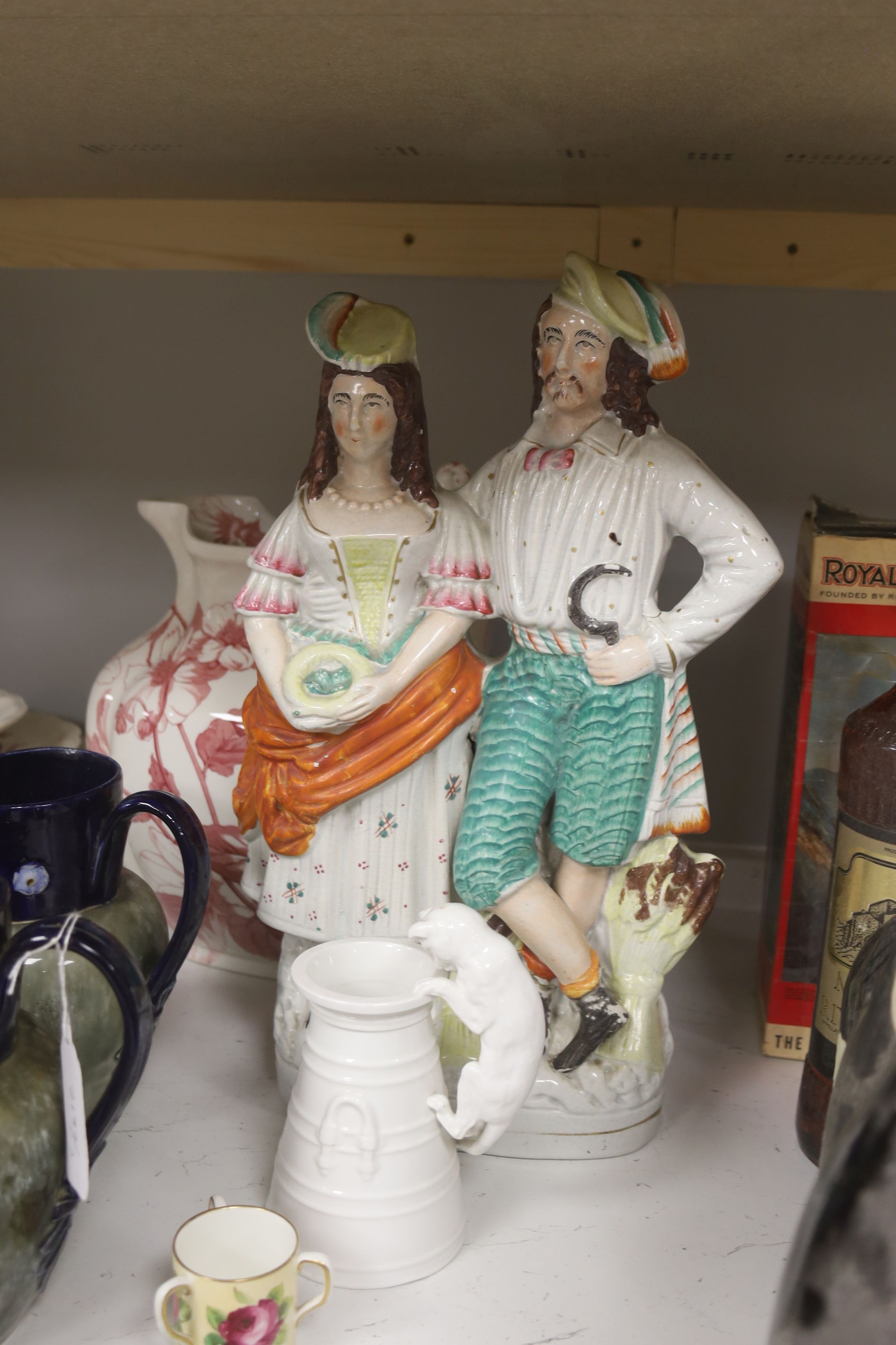 A pair of Doulton commemorative jugs, cat pail, miniature tyg and Staffordshire flatback, 40cm - Image 3 of 6