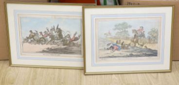 James Gilray, two coloured etchings, 'Hounds Finding' and 'Hounds Throwing Off', overall 26 x 38cm